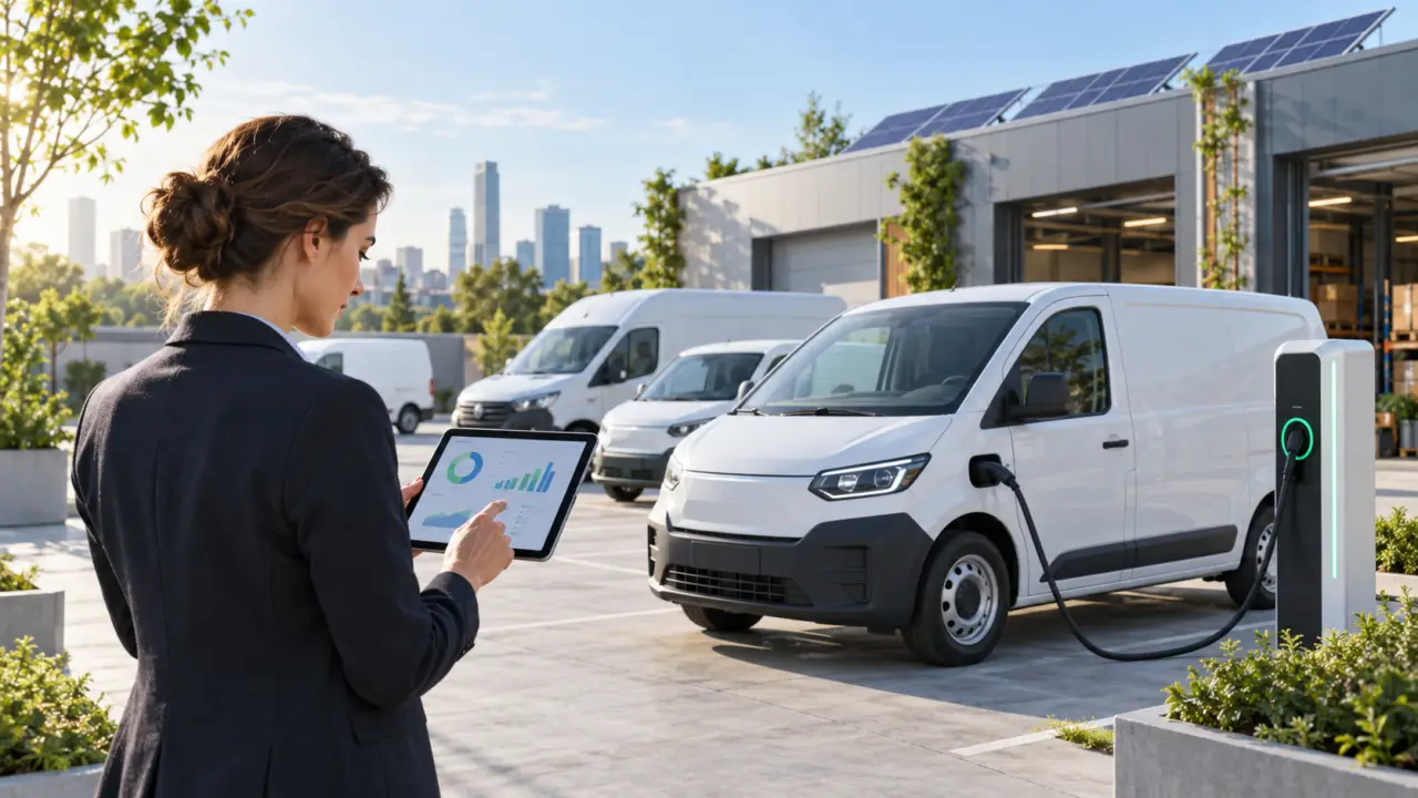 Flotte de véhicules utilitaires électriques devant un entrepôt logistique
