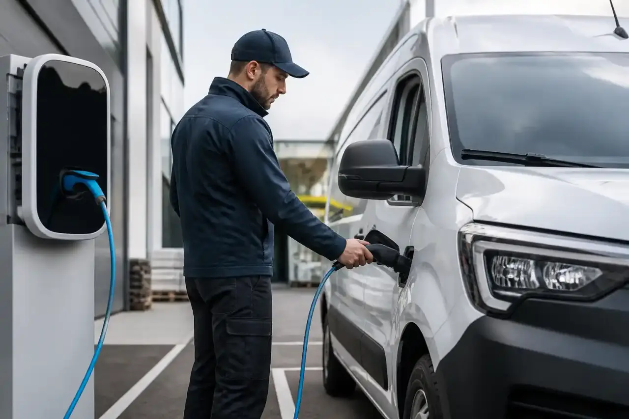Flotte de véhicules utilitaires électriques alignés devant un entrepôt logistique écologique