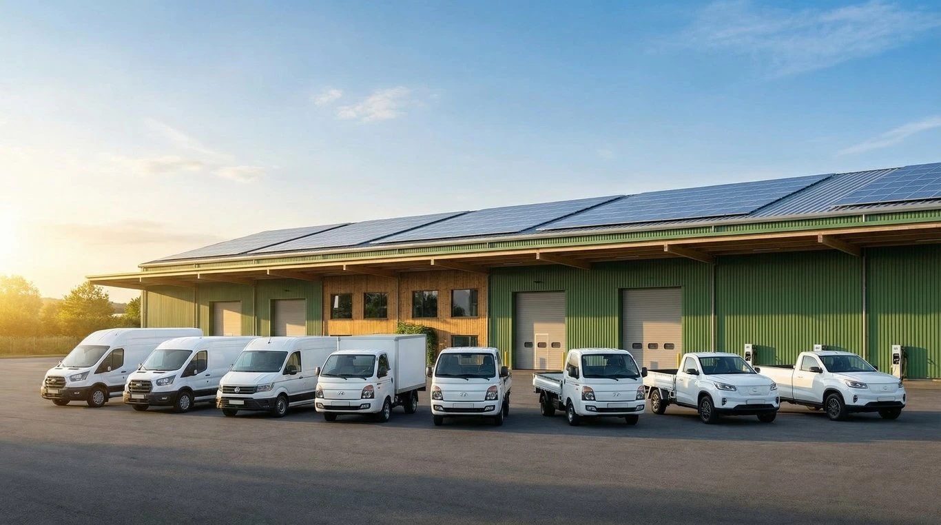 Flotte de véhicules électriques EcoTraction devant un entrepôt solaire