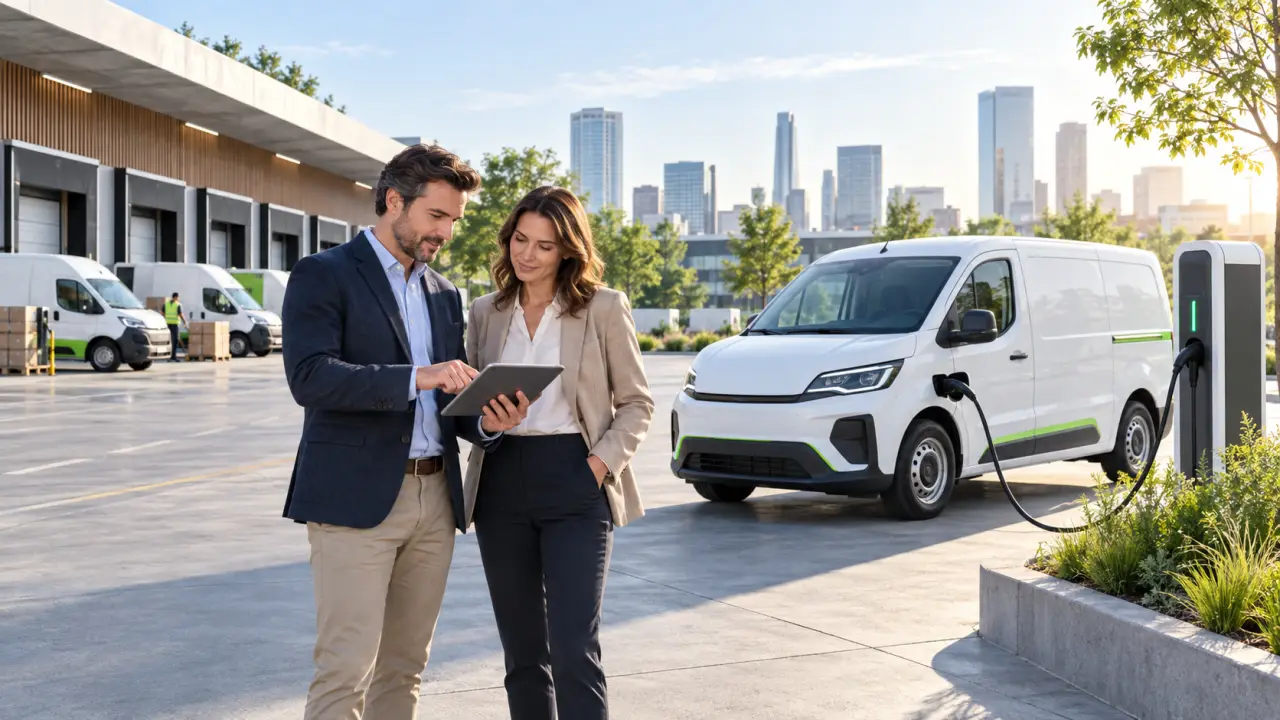 Flotte d'utilitaires électriques devant un entrepôt logistique équipé de panneaux solaires