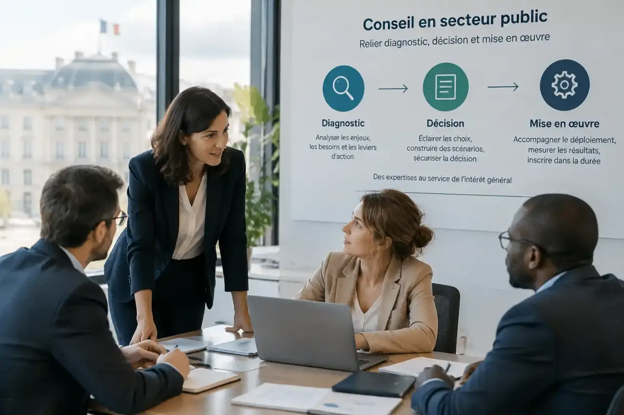 Un cabinet de conseil secteur public relie diagnostic, décision et mise en œuvre