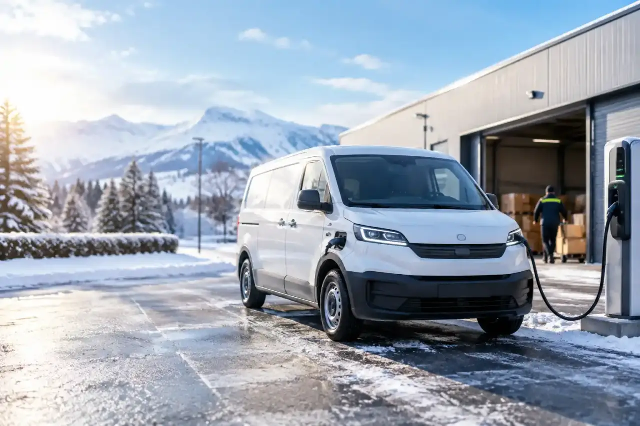 Flotte d’utilitaires électriques devant un entrepôt logistique en hiver