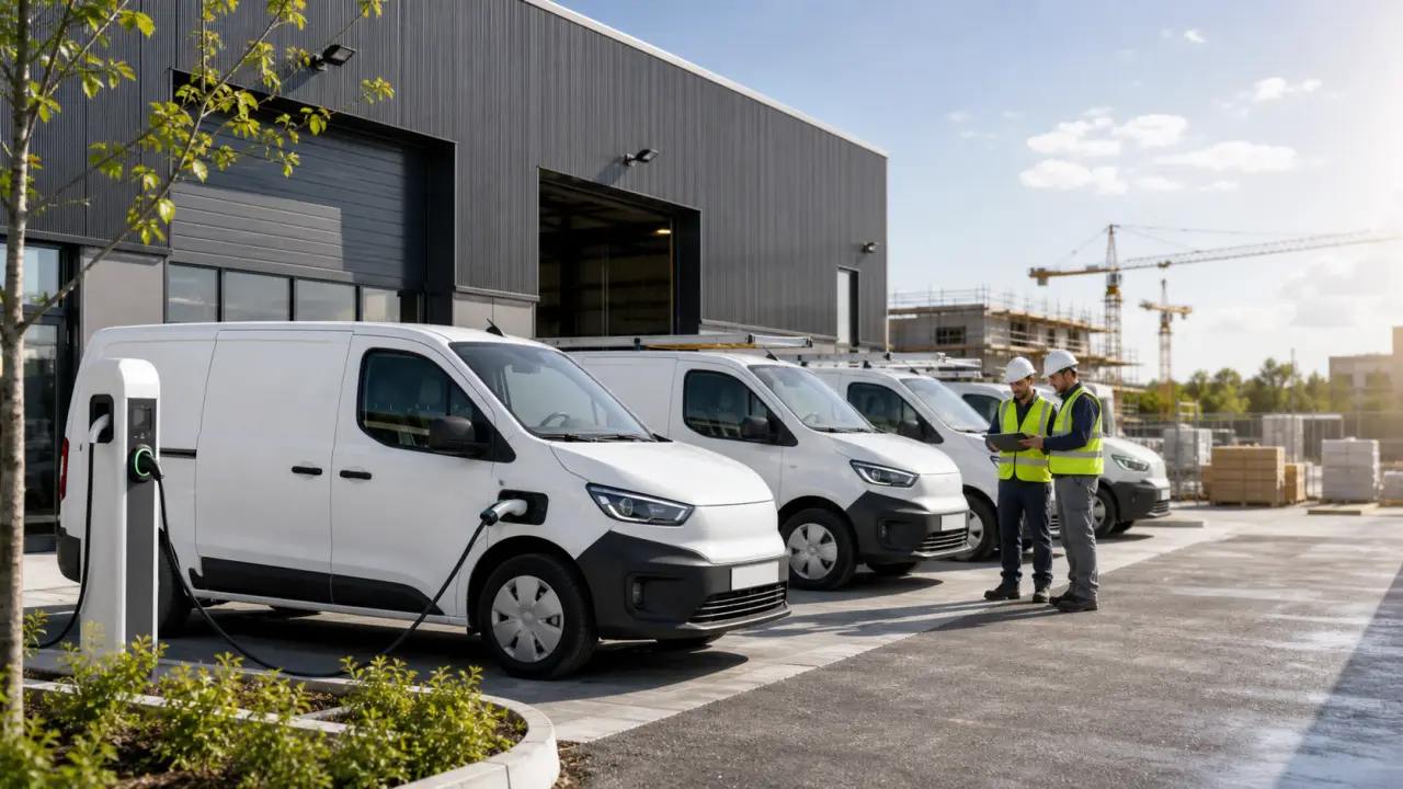 Flotte d'utilitaires électriques pour une entreprise du BTP devant un entrepôt logistique moderne
