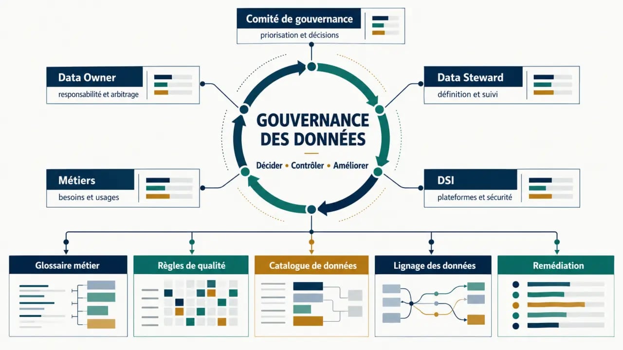 Schéma de gouvernance des données avec Data Owner, Data Steward, qualité et catalogage pour un cabinet conseil data gouvernance