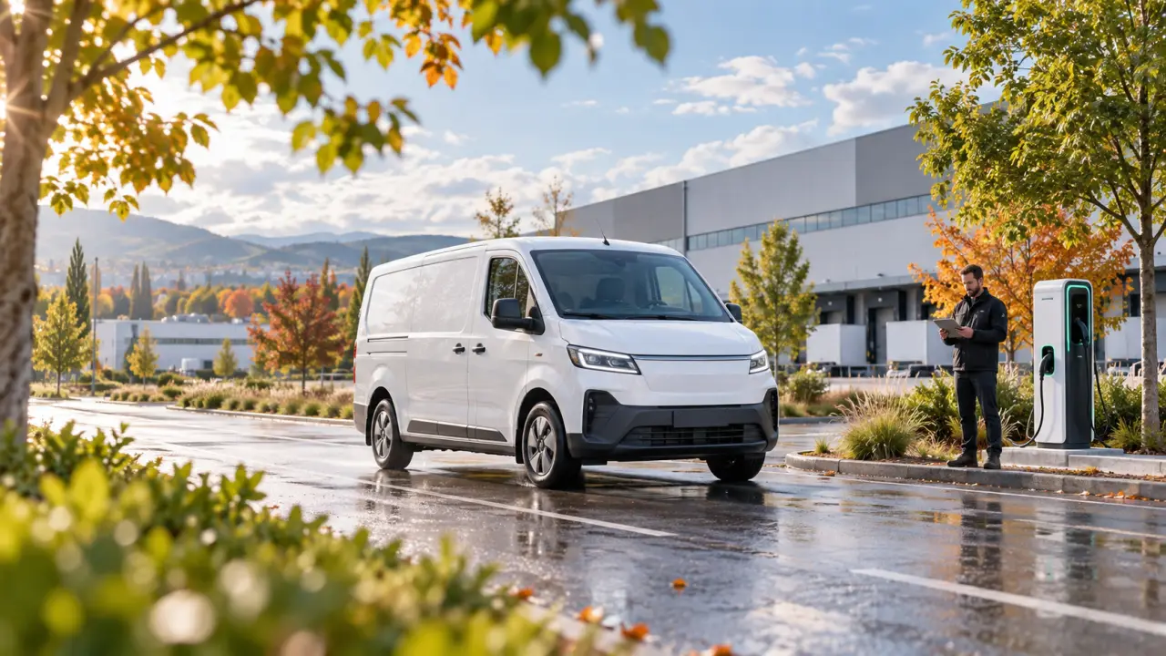 Flotte de véhicules utilitaires électriques devant un entrepôt logistique