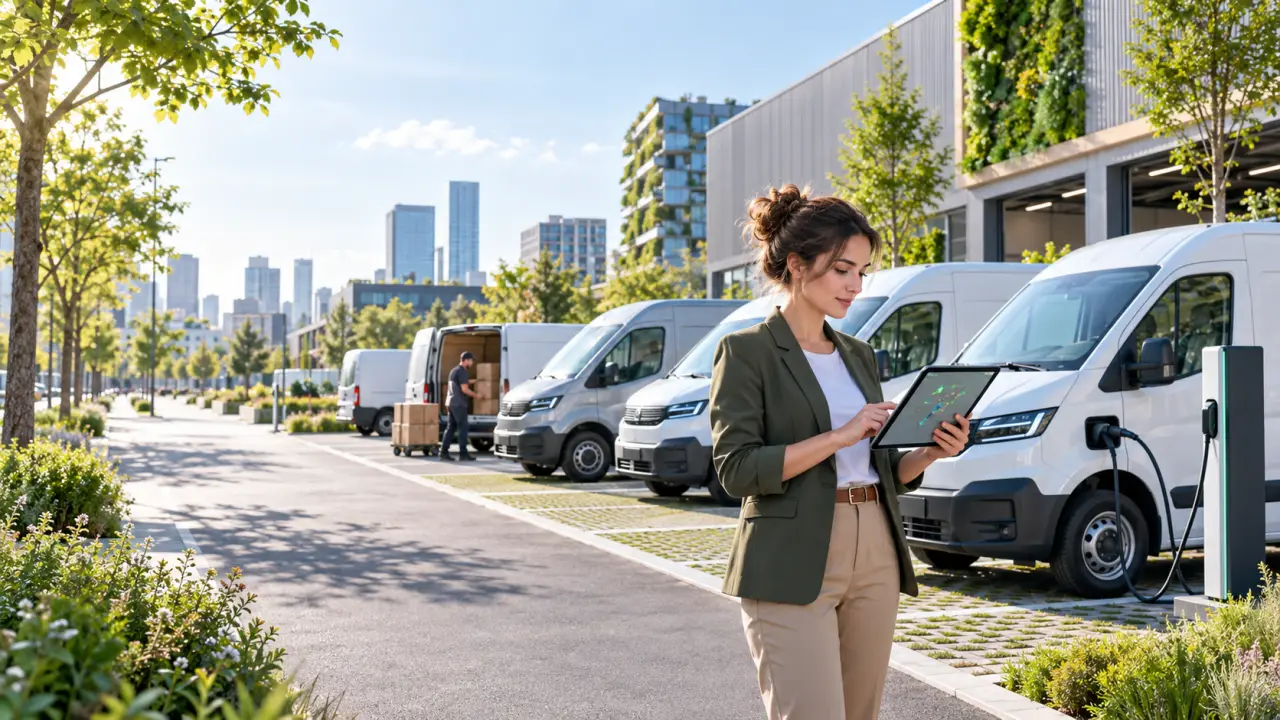 Flotte de véhicules utilitaires électriques devant un entrepôt logistique équipé de panneaux solaires