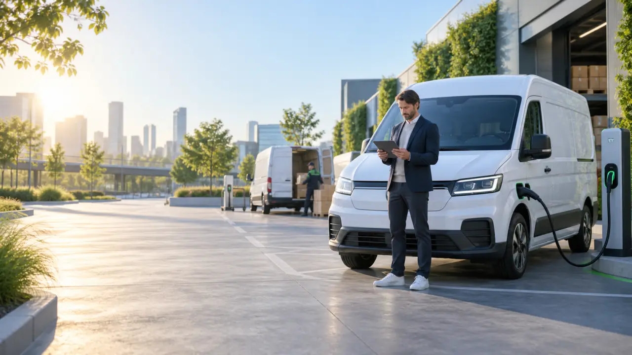 Flotte de véhicules utilitaires électriques devant un entrepôt logistique équipé de panneaux solaires