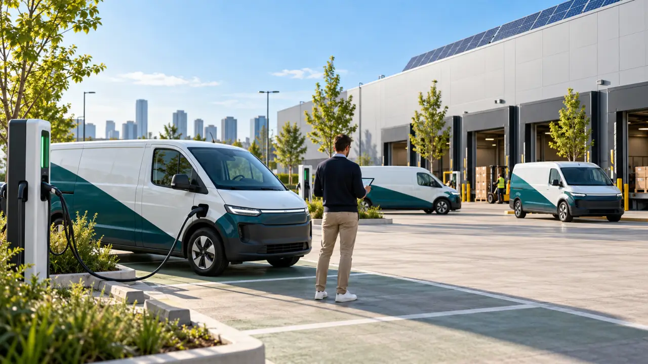 Flotte de véhicules utilitaires électriques devant un entrepôt logistique équipé de panneaux solaires