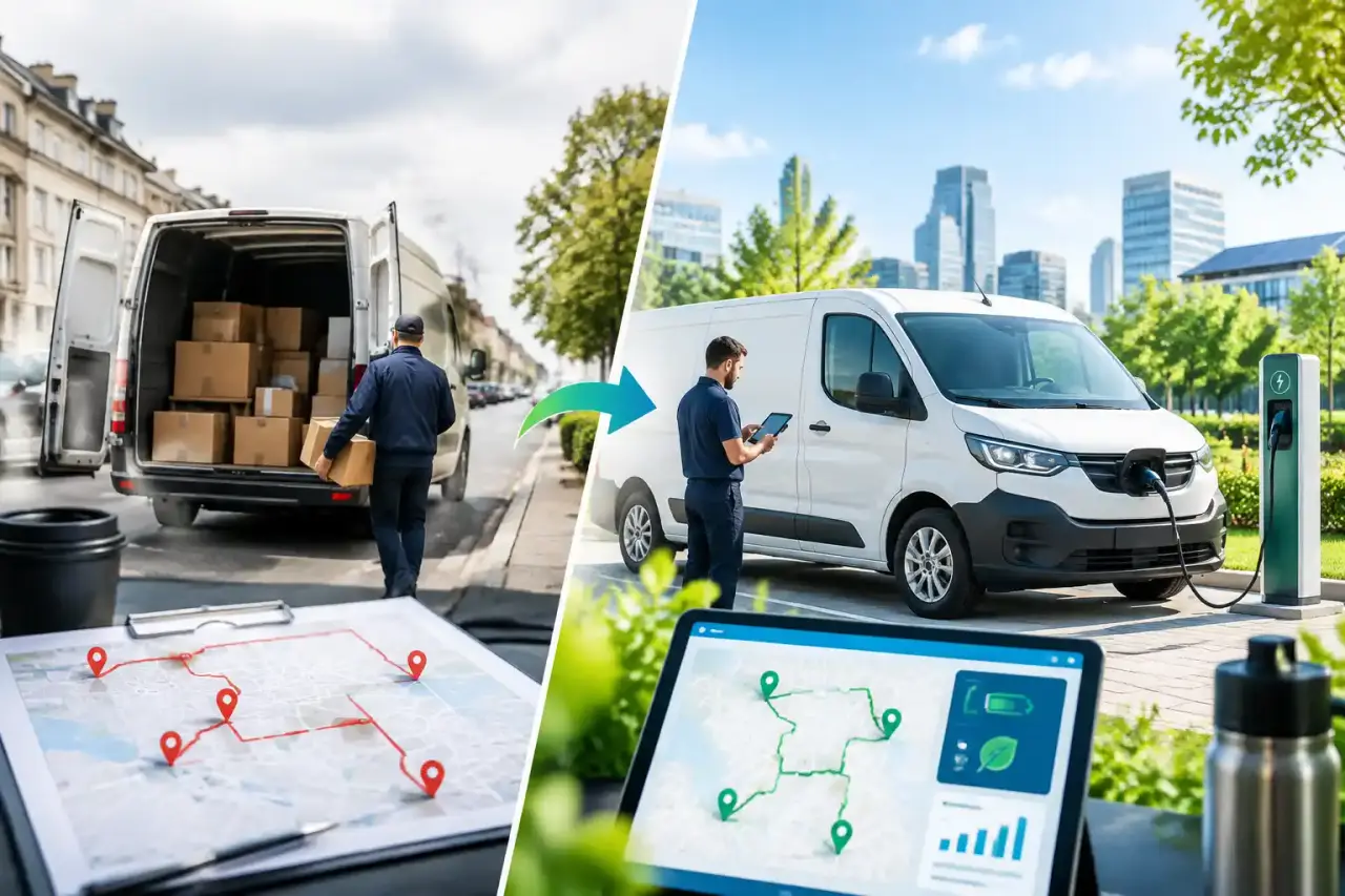 Flotte d'utilitaires électriques devant un entrepôt logistique équipé de panneaux solaires