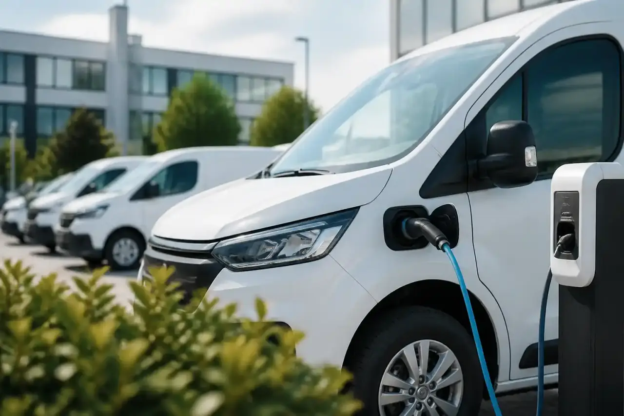 Flotte d'utilitaires électriques alignés devant un entrepôt logistique durable