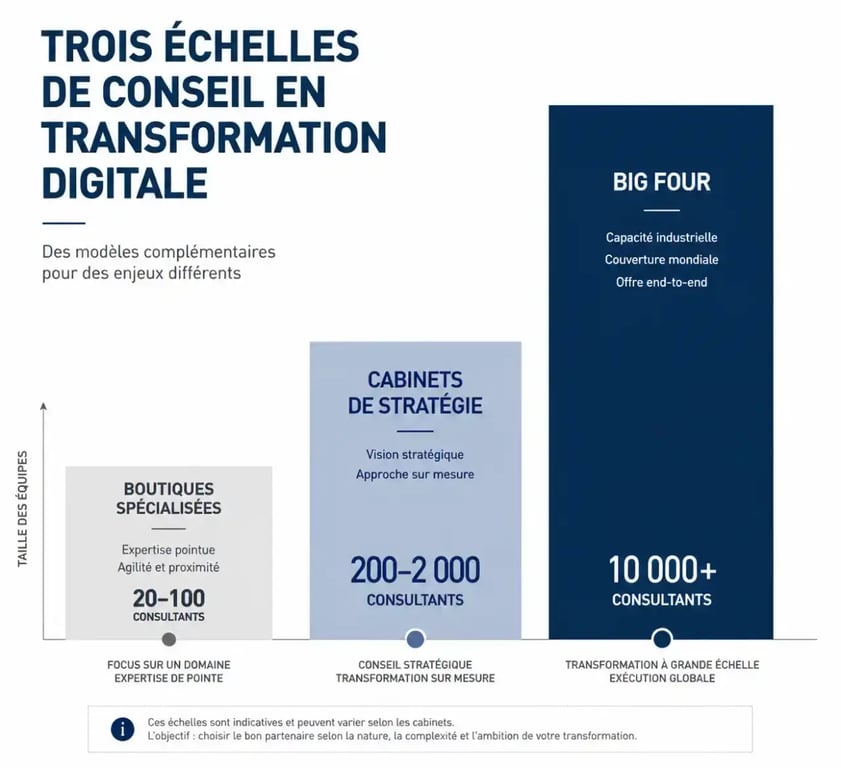 Panorama des cabinets de conseil en transformation digitale par taille et spécialité