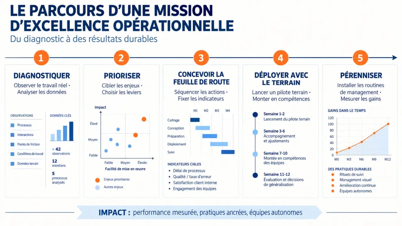 Parcours d'une mission de cabinet de conseil en excellence opérationnelle en cinq étapes