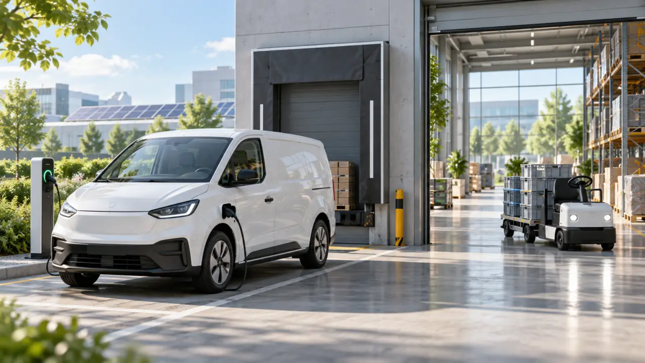 Flotte de véhicules utilitaires électriques devant un entrepôt logistique