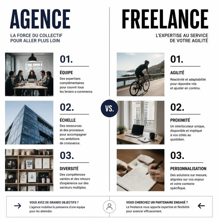 Comparatif visuel entre agence et freelance pour un accompagnement e-commerce.