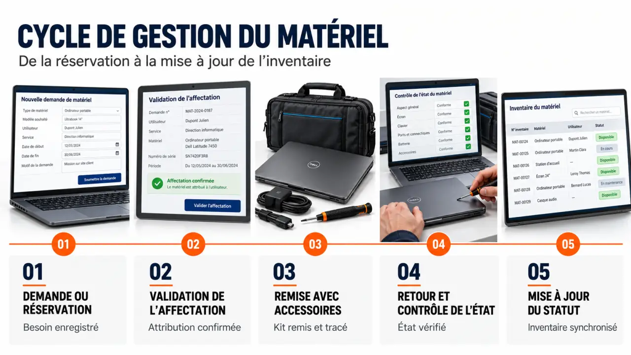 Workflow visuel de la gestion du matériel dans une entreprise, de la réservation au retour