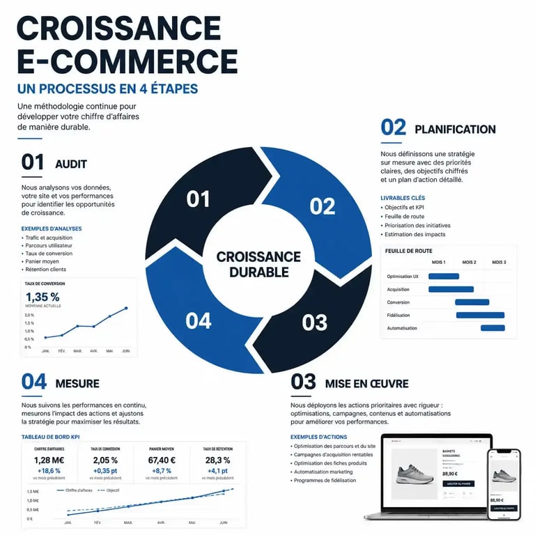 Schéma du cycle de réussite d'un accompagnement e-commerce : audit, planification, mise en œuvre et mesure.