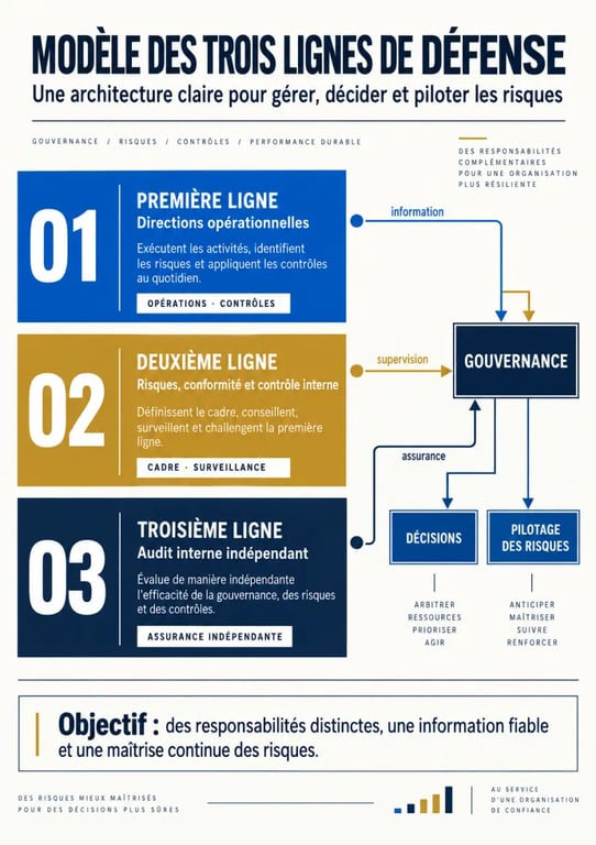 Infographie sur le cabinet de conseil en gestion des risques et les trois lignes de défense