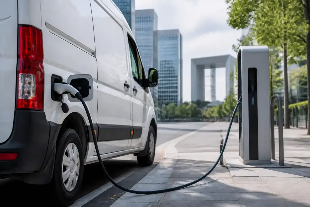 Flotte de véhicules utilitaires électriques alignés devant un entrepôt logistique écologique